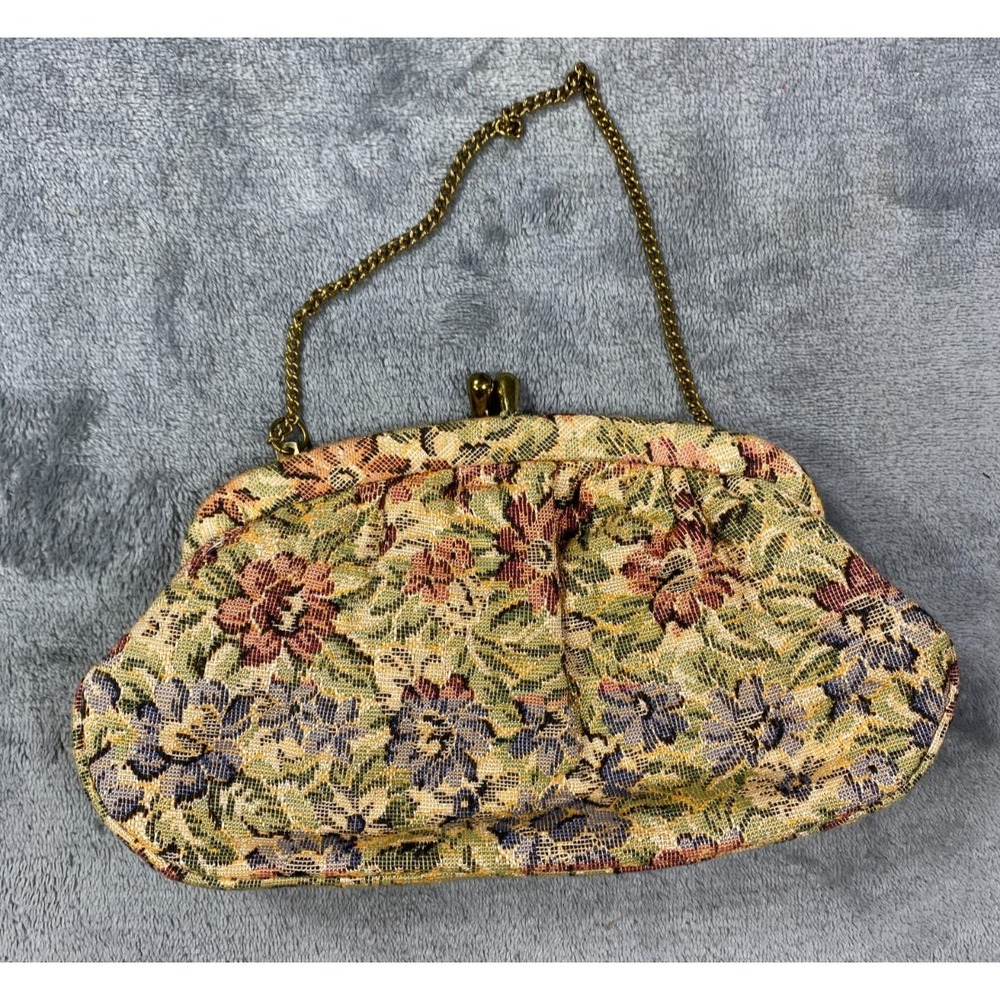Vintage Floral Tapestry Purse Gold Accents Chain Kisslock Closure‎ 1970s 1980s